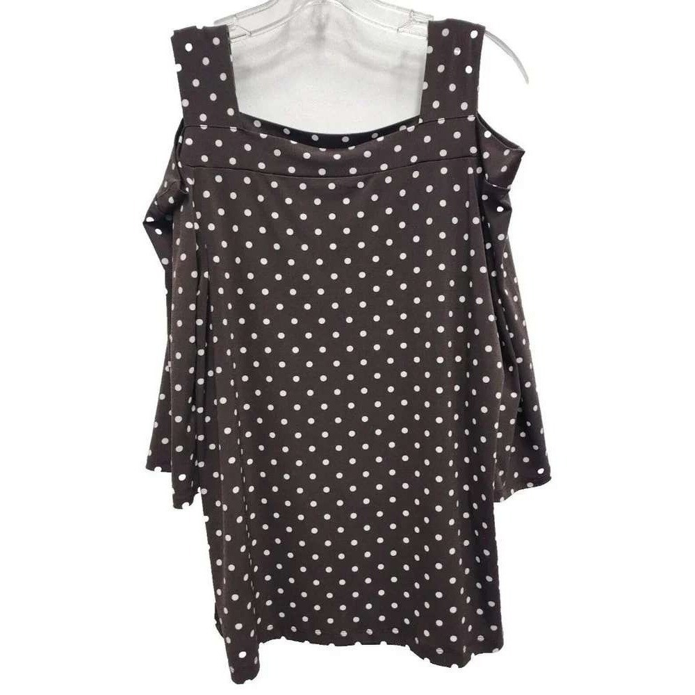 Chicos Cold Shoulder Top Womens Medium Brown Polka Dot Stretch Knit Casual